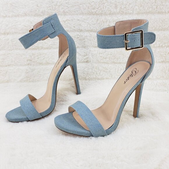 Light Denim Single Ankle & Toe Strap 4.5" High Heel Stiletto Shoes - Picture 4 of 10
